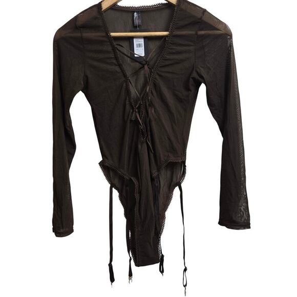 NWT Frederick's of Hollywood Lola Brown Mesh Long-Sleeve Lace-Up Bodysuit Size M - Picture 1 of 12